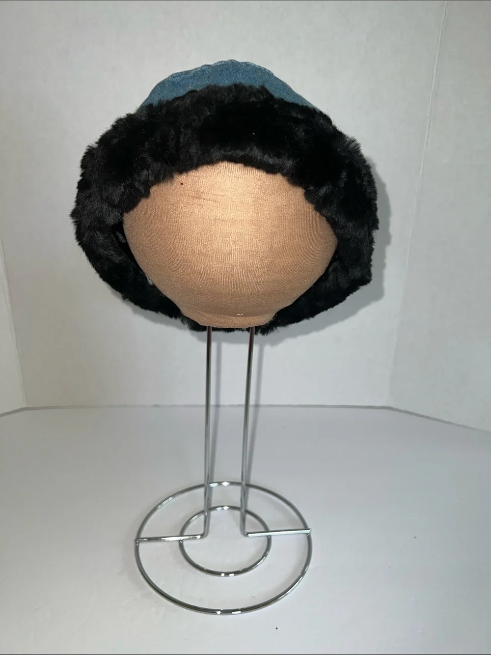 BLOOZ Vintage Blue Denim and Black Faux Fur Trim Bucket Hat
